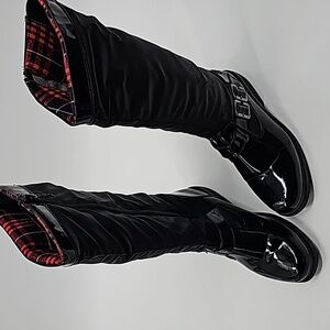 Totes Patent Leather & Nylon Winter Boots w Red Plaid Top Sock Lining